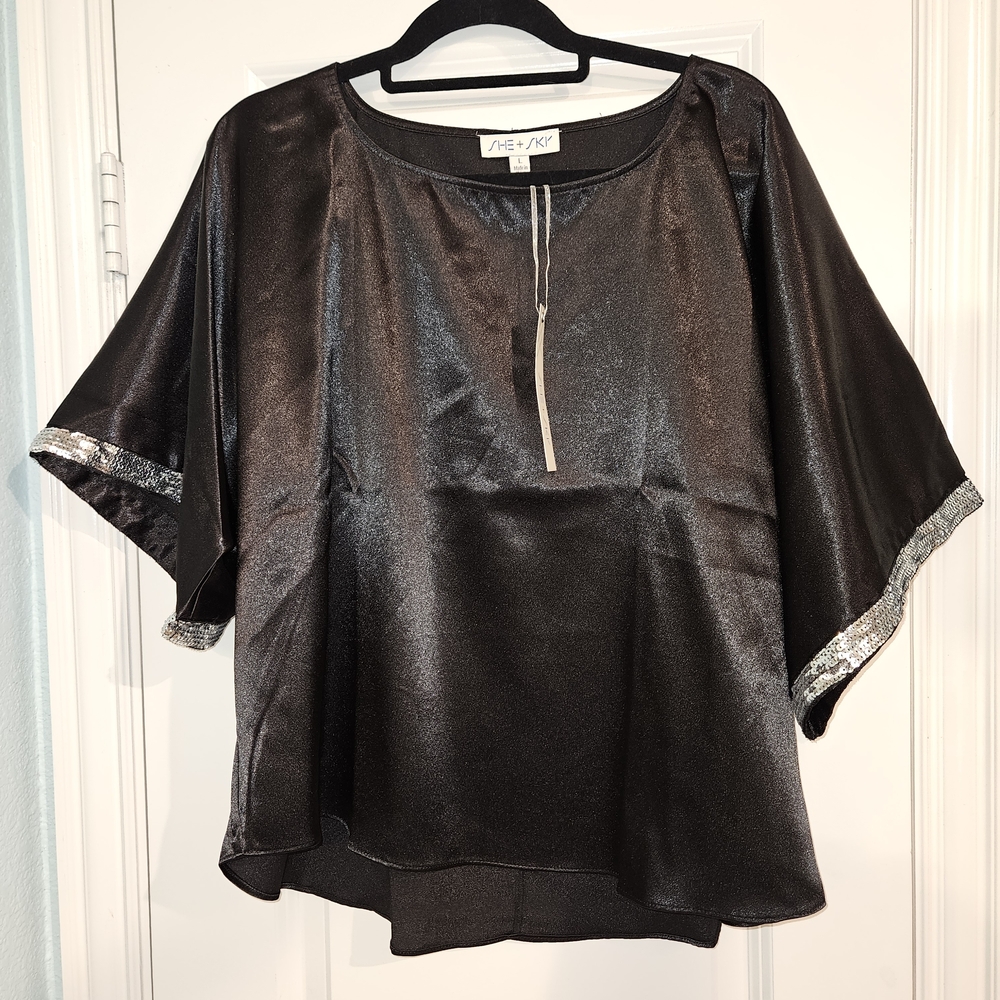 She + Sky Shimmering Black Blouse with Silver Trim